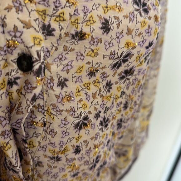 Ann Taylor XL Beige Plum Gold Lurex Paisley Floral Border Balloon Sleeve Dress - Picture 14 of 16